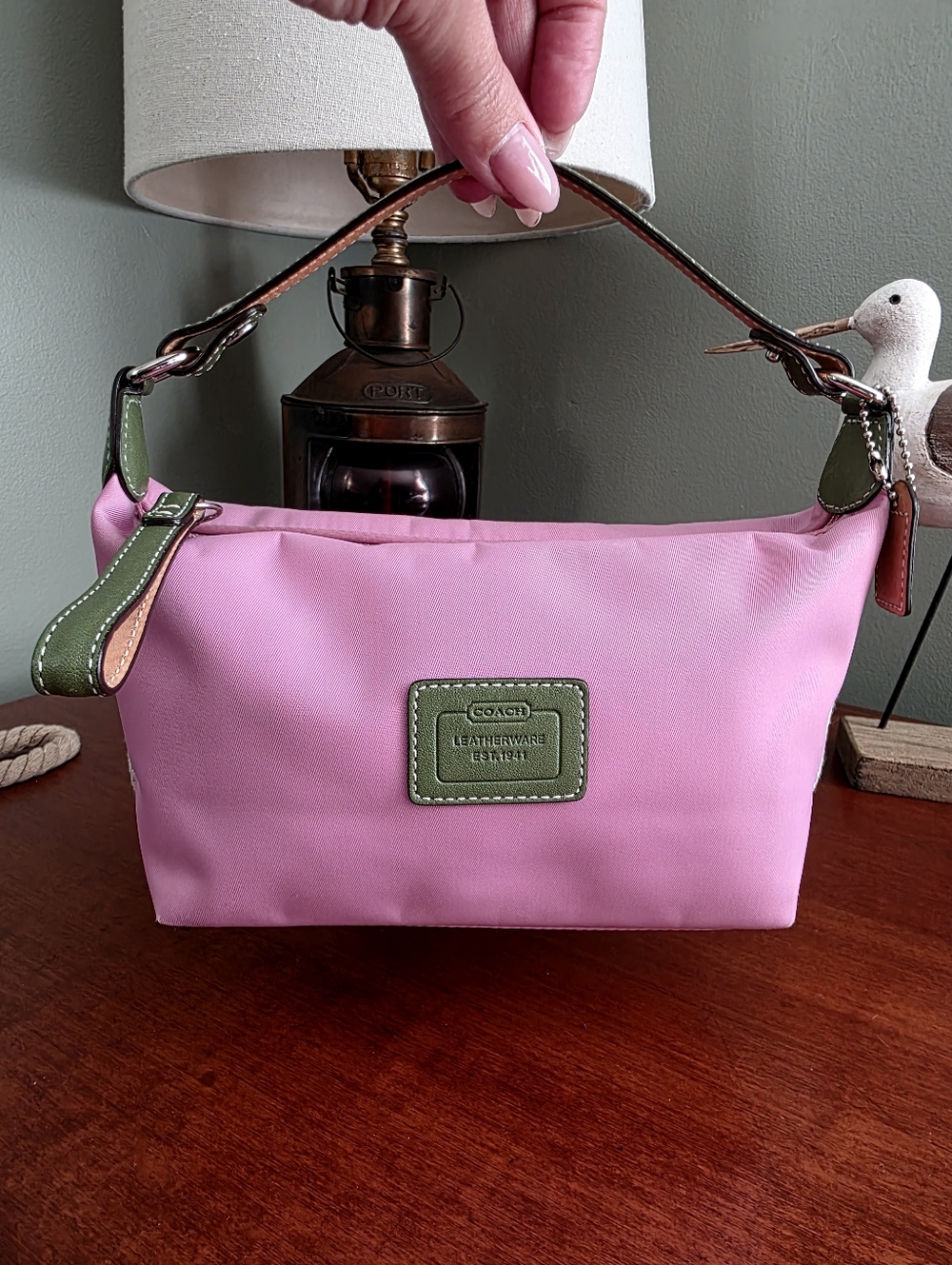 Coach Pink Nylon Green Leather Trim Demi Shoulder Bag Purse Y2K